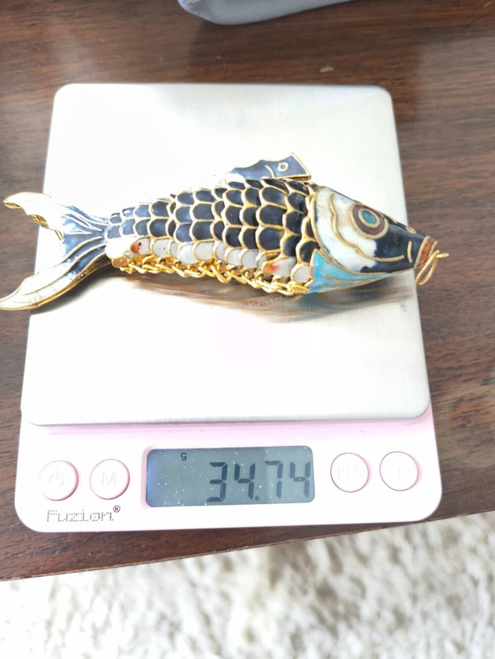 VTG Chinese Gilt Silver & Cloisonne Deep Blue Enamel Fish/Koi Pendant 4.5" LRG - Picture 9 of 11